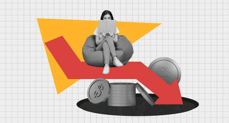 Composite abstract photo collage of shy girl sit on bean bag read book about financial education isolated on creative checked background