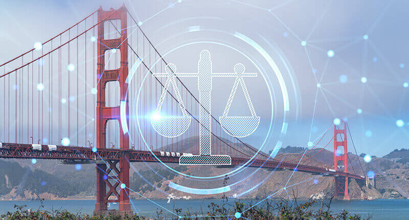 Golden Gate Bridge and glowing hologram legal icons