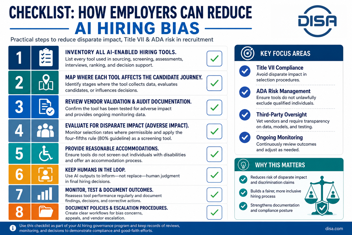 An AI hiring bias checklist outlining eight practical steps employers can take to reduce disparate impact and support Title VII and ADA compliance, including reviewing AI tools, evaluating vendors, providing accommodations, maintaining human oversight, and monitoring hiring outcomes.