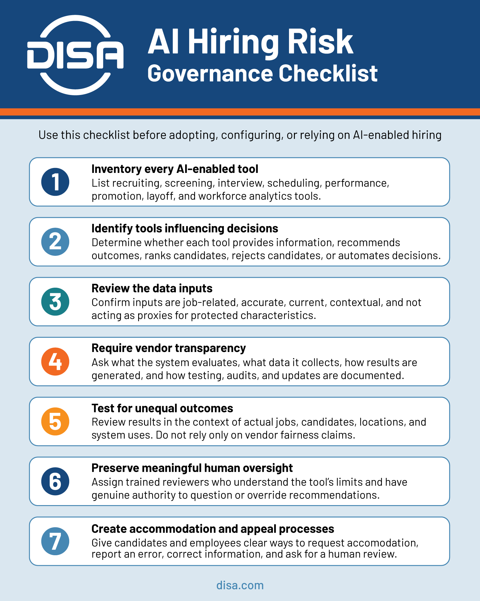 A seven-step checklist to review before adopting, configuring, or relying on AI-enabled hiring