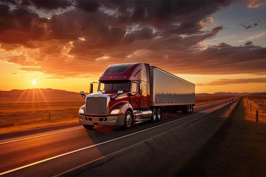 Truck driving on the road during sunset