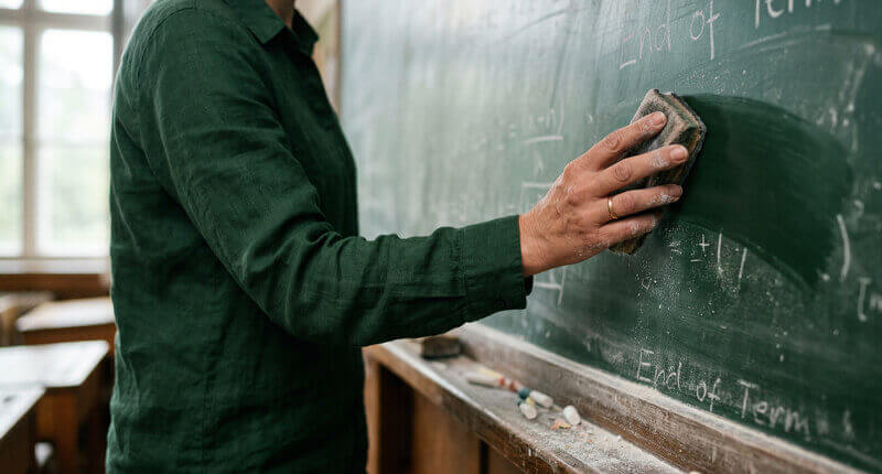 Female teacher erasing a chalkboard with End of Term text in a vintage classroom