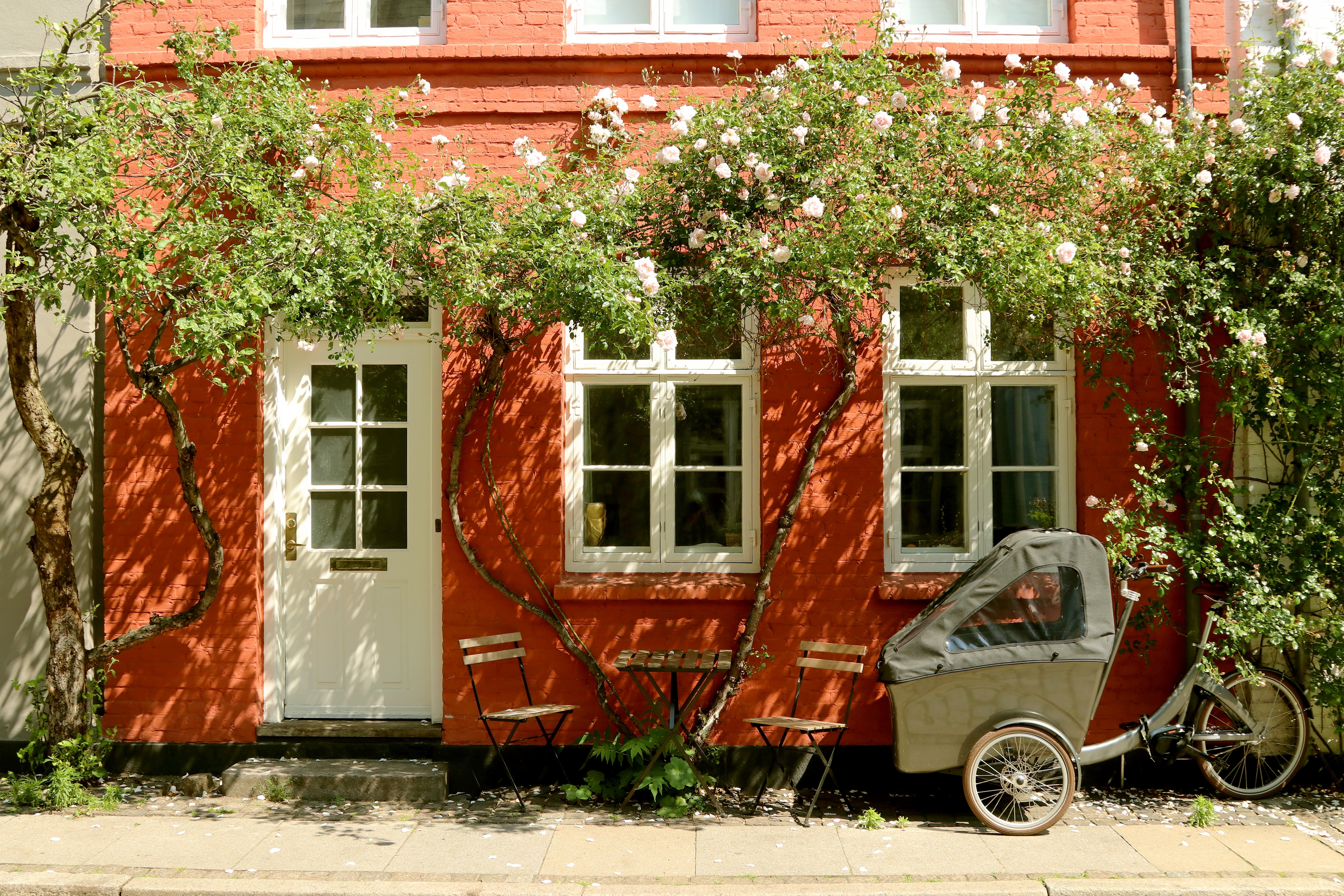 Pittoreskt hus i Köpenhamn med en cykel utanför och en klätterros