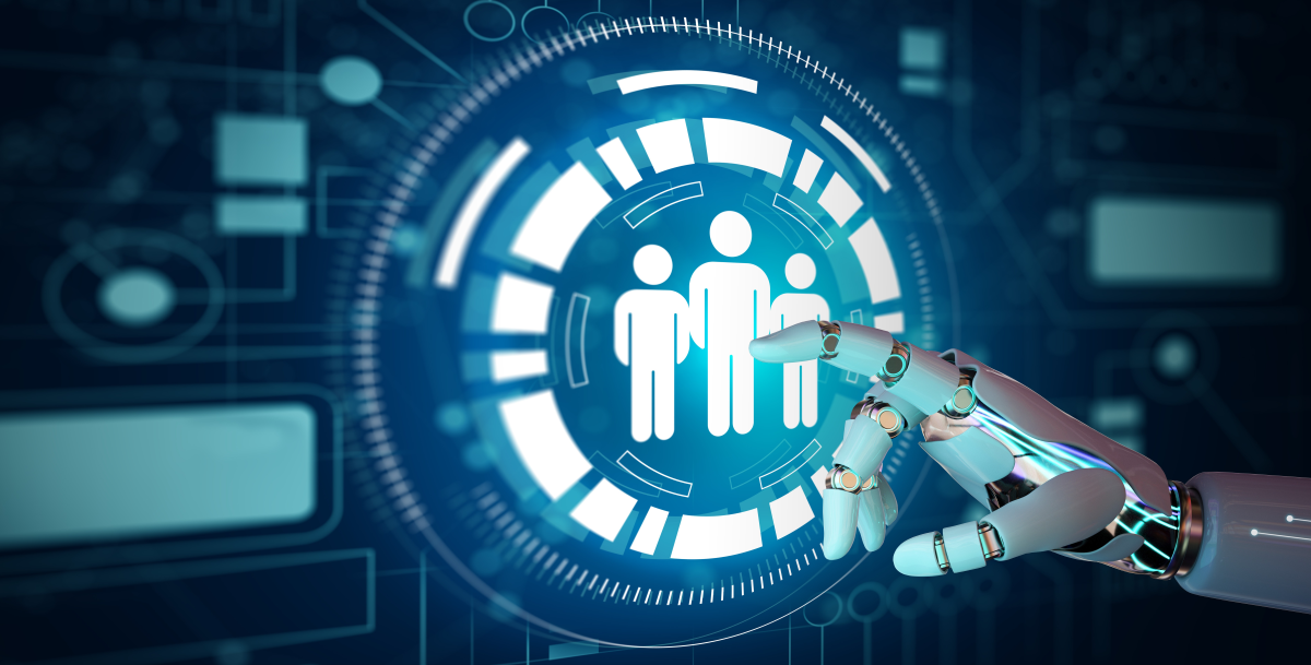 A futuristic digital interface featuring a robotic hand reaching toward a glowing icon of three people.