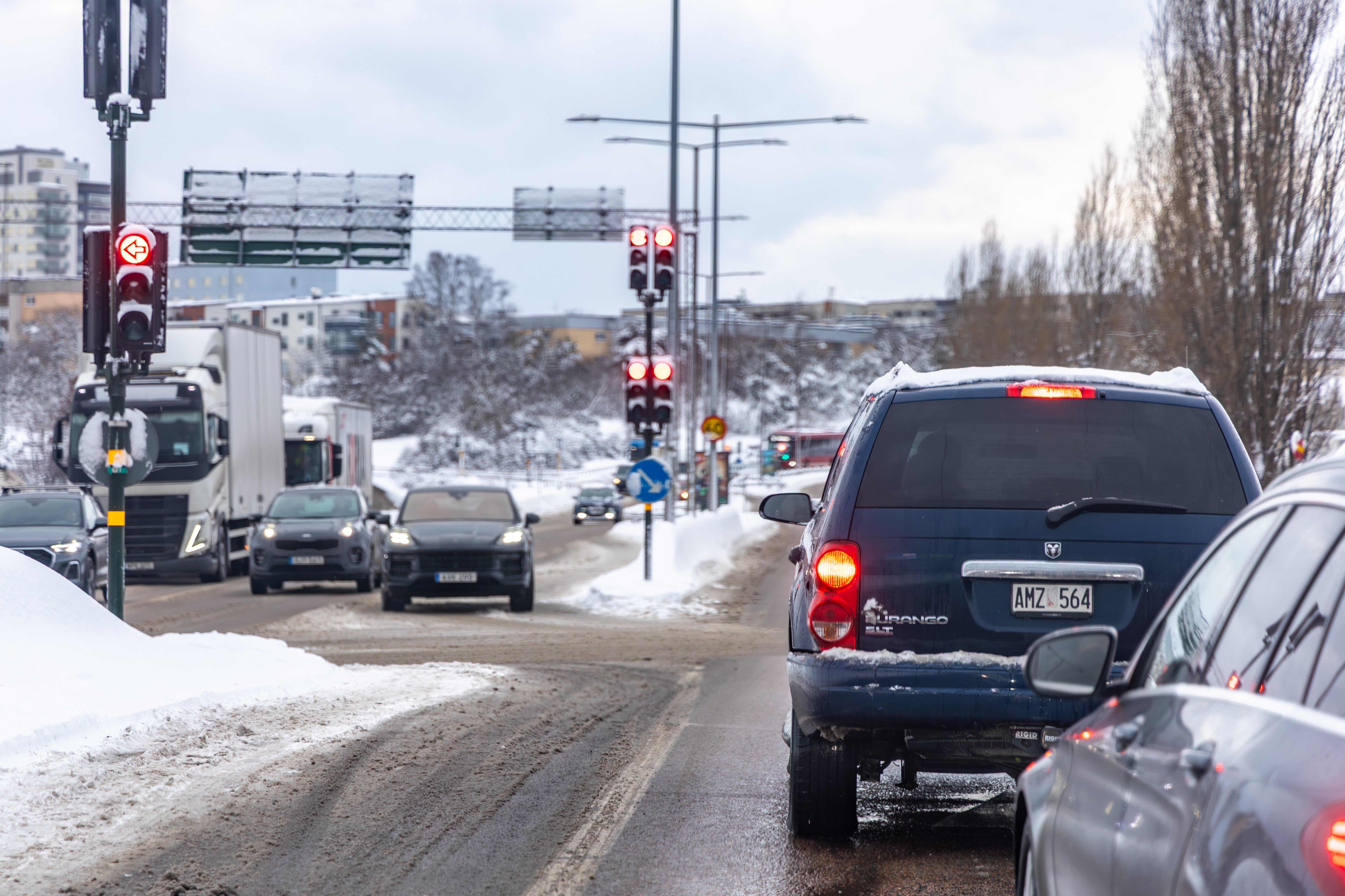 Traffic on a snowy road in Sweden