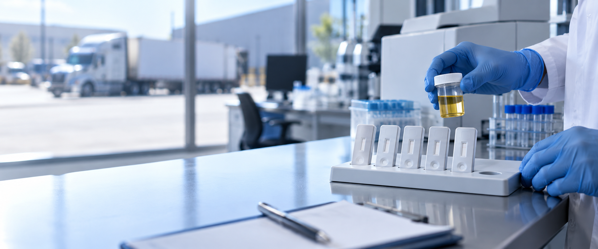 A laboratory professional wearing blue gloves holds a sealed specimen cup beside five drug-testing devices, with one empty slot in the testing tray. A commercial truck is visible through the laboratory windows, connecting the scene to DOT-regulated transportation and highlighting the gap in standard 5-panel fentanyl testing.