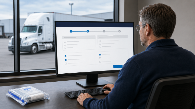 An employer viewed from behind submits a violation report on a large desktop monitor, with a commercial truck visible through the office window.