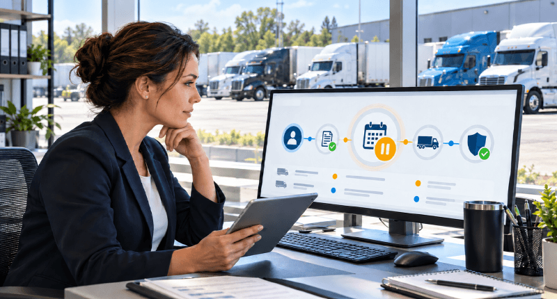 Fleet compliance analyst reviewing truck dashboards