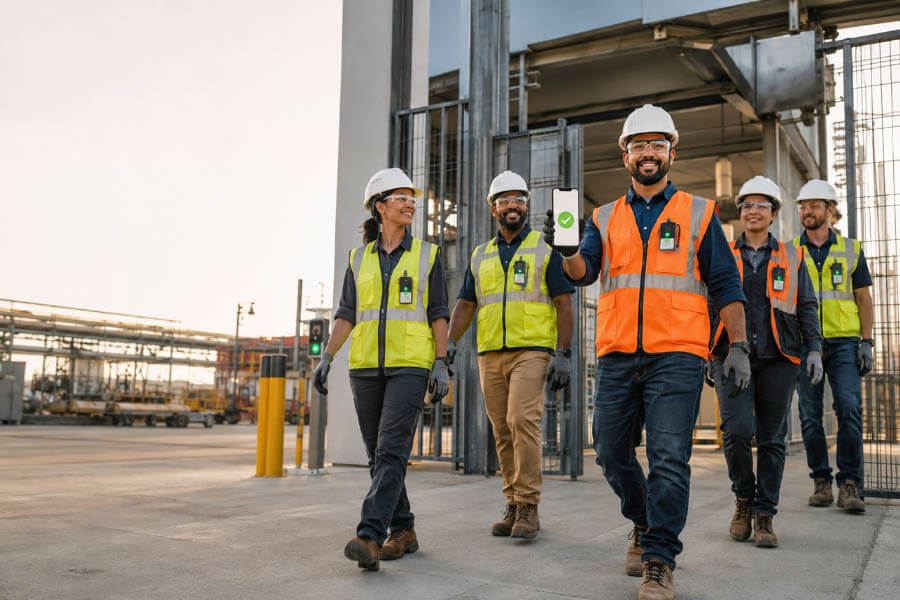 ready workforce in motion, contract workers walking to job site