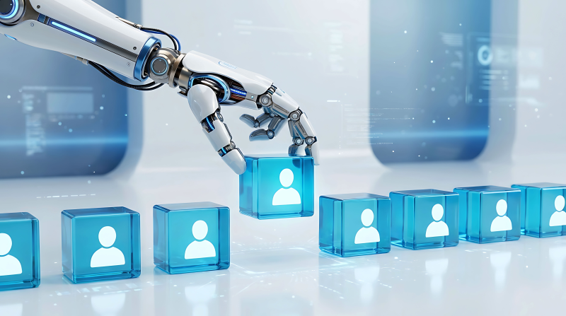 A robotic hand selects one person from a row of digital profiles, illustrating how AI-driven decisions can create disparate impacts.