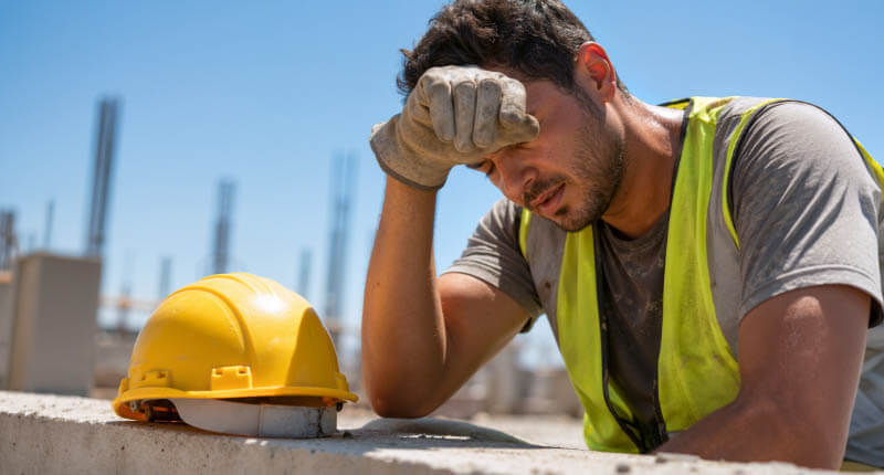 Exhausted construction worker wiping sweat from his forehead on a building site. Tired male builder suffering from heat fatigue and overwork on a hot summer day. Occupational stress concept