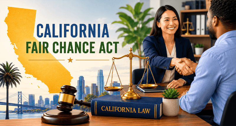 California Fair Chance Act with gavel, scales of justice, and a job applicant being hired