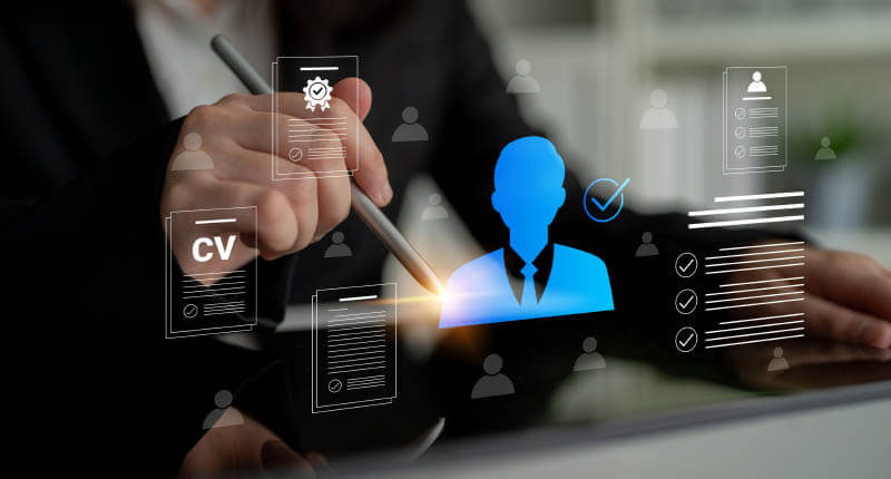 A business professional utilizes digital tools for resume analysis and job applications, representing the modern employment process and career advancement possibilities