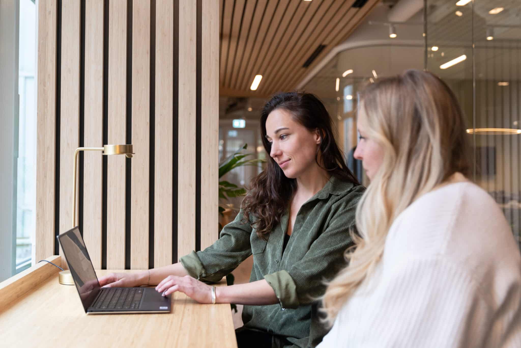 two female employees looking at laptop