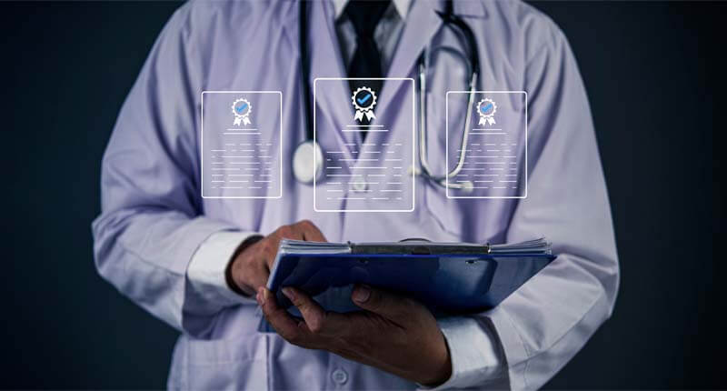 Close-up of a healthcare professional with stethoscope and clipboard, medical records while checking certification documents icons