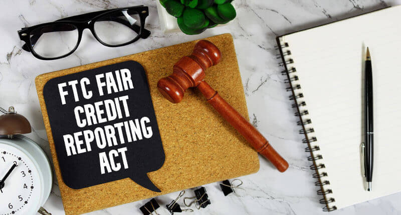 ftc fair credit reporting act text speech bubble with gavel, notebook, and clock