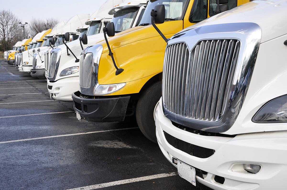Transport trucks front ends parked in a row