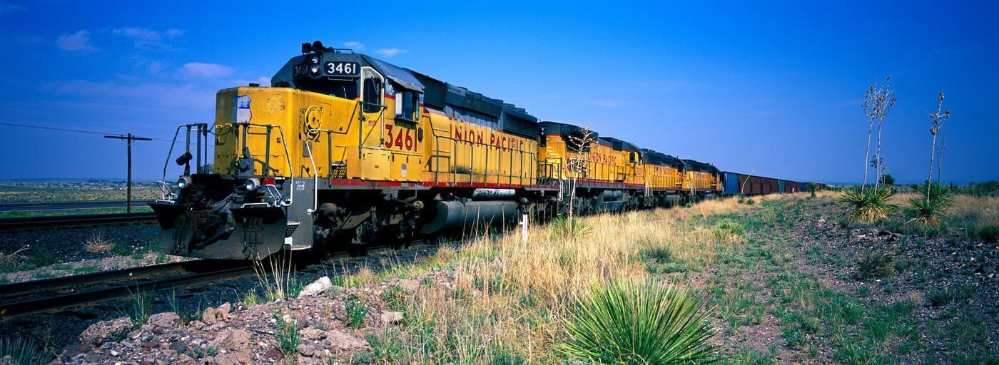 Train traveling through a field