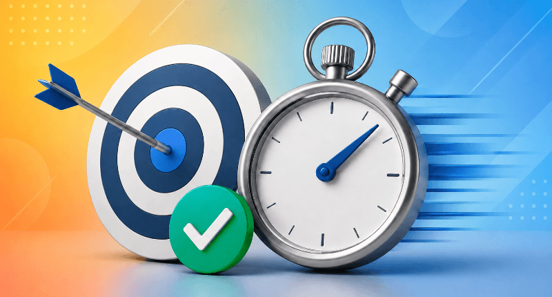bullseye and green check mark representing accuracy and stopwatch representing speed and quick turnaround time