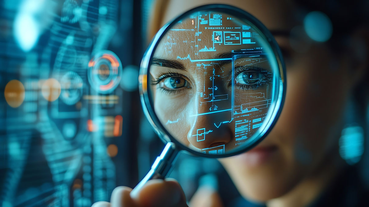 woman holding up magnifying glass analyzing data