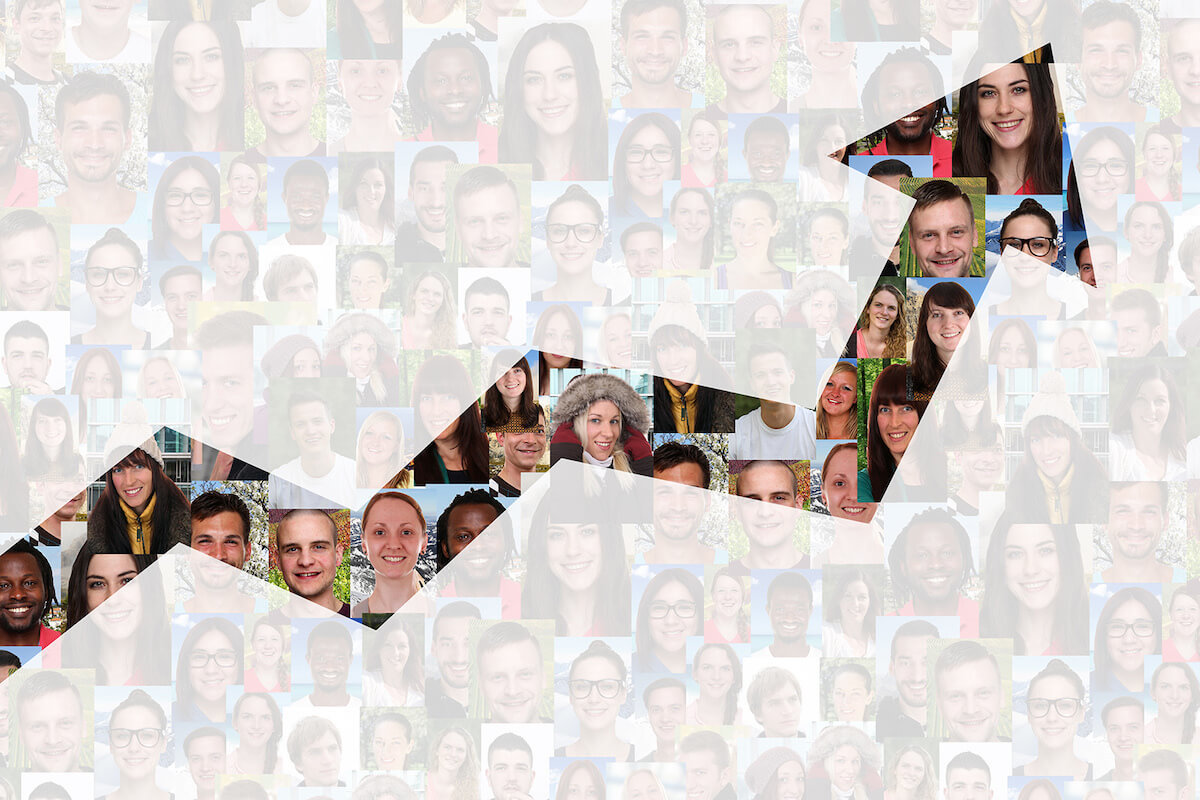 Rising graph arrow superimposed over a collage of headshots