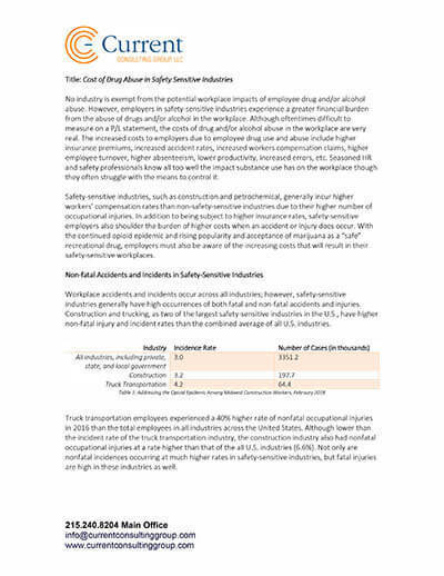 Cost of Drug Abuse in Safety Sensitive Industries 1